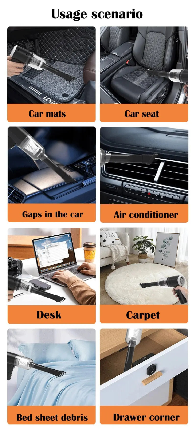 Aspirateur Voiture Sans Fil 9000Pa Rechargeable USB 1200mAh Portable Sec et Humide Mini Aspirateur Domestique
